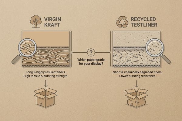 A diagram comparing Virgin Kraft with long, resilient fibers and high tensile strength to Recycled Testliner with short, degraded fibers and lower bursting resistance for corrugated displays.