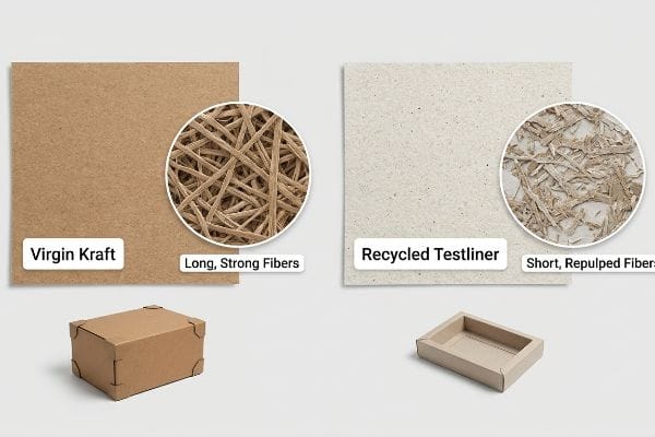 Virgin Kraft paper shows Long, Strong Fibers and a box, compared to Recycled Testliner with Short, Repulped Fibers and a tray.