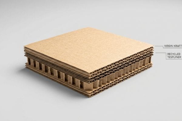 Layered corrugated cardboard cross-section displaying Virgin Kraft and Recycled Testliner materials for structural integrity.