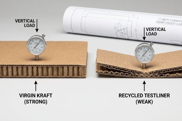 Virgin Kraft corrugated cardboard remains flat under Vertical Load, while Recycled Testliner bends, both measured by dial indicators.
