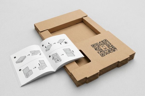 Brown corrugated cardboard inserts with a QR code and a text-free visual assembly guide showing IKEA-style diagrams.