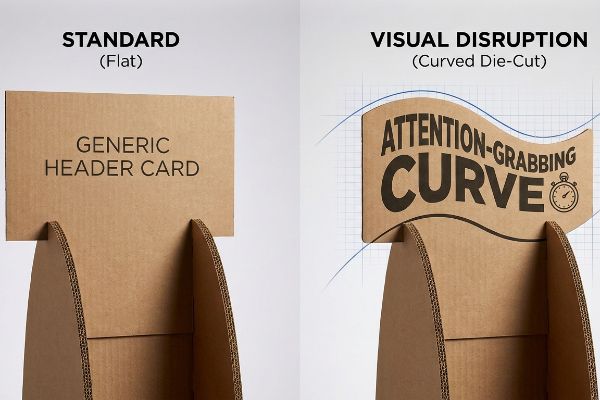 Cabeçalhos de exibição em papelão ondulado: cabeçalho plano "Genérico" versus cabeçalho recortado "Curva que Chama a Atenção" com cronômetro, demonstrando a disrupção visual.