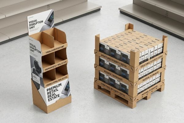 A retail aisle features a corrugated point-of-purchase display and a pallet of boxes, emphasizing 'Visual Disruption Unit' and 'Premium Retail Real Estate'.