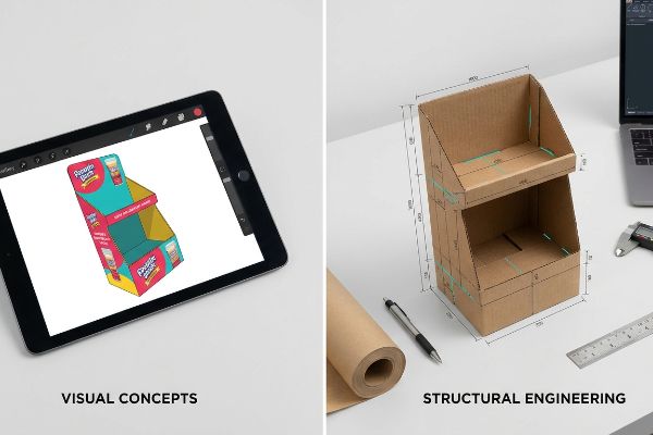 A tablet displays a Poppin' Pops retail display visual concept next to a corrugated cardboard structural engineering dieline with dimensions.