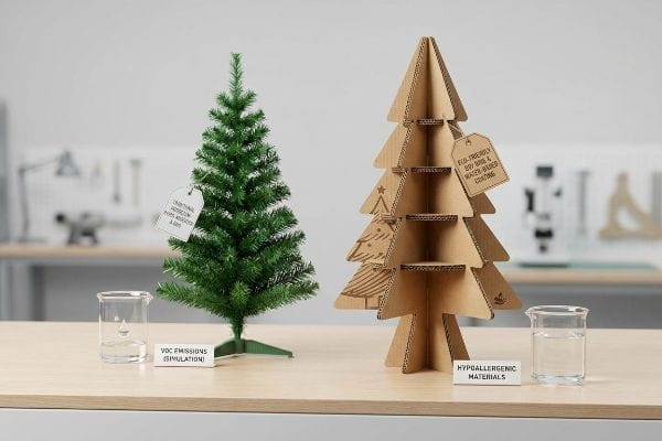 Artificial tree petroleum VOC Emissions (Simulation) versus hypoallergenic cardboard tree soy inks.