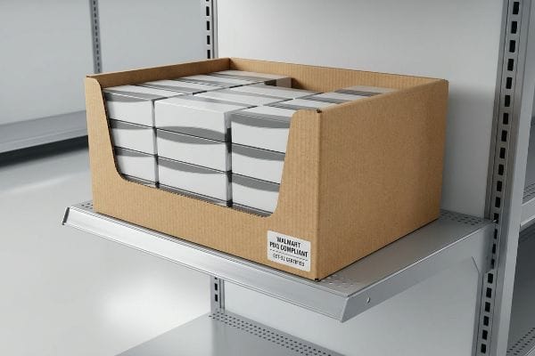 Corrugated cardboard PDQ display box, labeled 