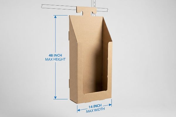 Brown cardboard Walmart sidekick display, showing 48 Inch Max Height and 14 Inch Max Width for retail compliance.
