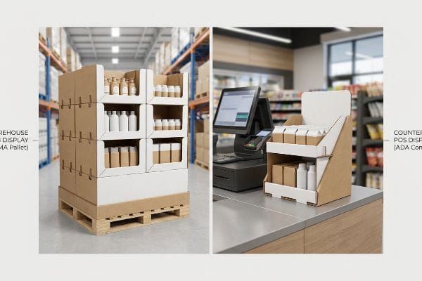 Kraft cardboard displays: a Warehouse POS Display on a GMA Pallet in a warehouse, and a Counter POS Display for ADA Compliance at a checkout.