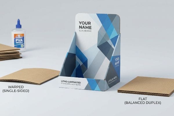 Litho-laminated E-flute corrugated display, with warped single-sided and flat balanced duplex boards, plus PVA adhesive.