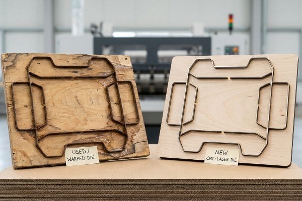 Warped wood die-board ('Used / Warped Die') contrasts with a new CNC-laser die ('New Cnc-Laser Die') on corrugated.