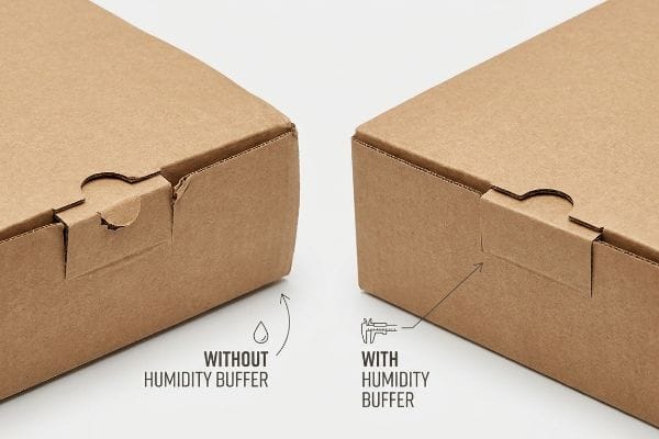 Brown kraft paper boxes show a warped interlocking tab 'Without Humidity Buffer' and a perfectly sealed tab 'With Humidity Buffer'.