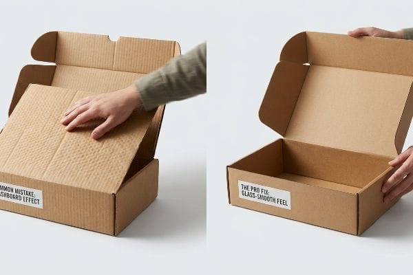 Corrugated boxes illustrate 'Common Mistake: Washboard Effect' versus 'The Pro Fix: Glass-Smooth Feel' for premium packaging.