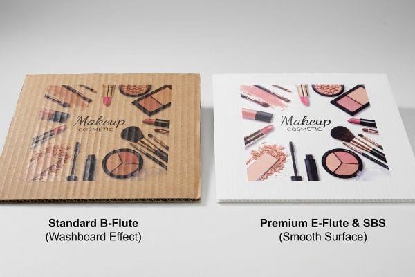 Standard B-Flute with washboard effect printing contrasts with premium E-Flute & SBS, showing smooth surface for makeup cosmetic displays.