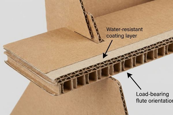 Close-up of corrugated cardboard showing a Water-resistant coating layer and Load-bearing flute orientation for structural integrity.