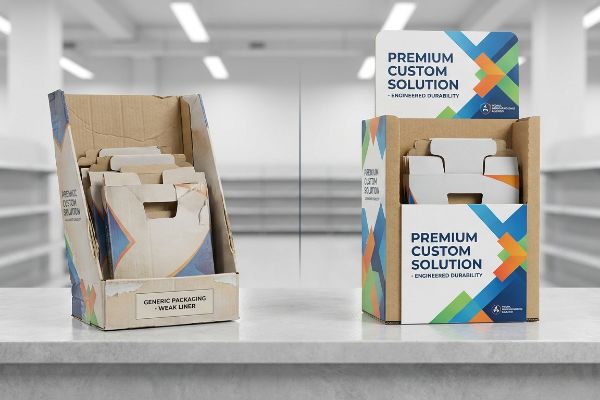 Worn 'Generic Packaging - Weak Liner' contrasts rigid 'Premium Custom Solution' display.