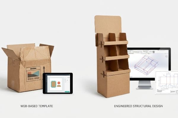 Corrugated cardboard packaging: web-based template on tablet versus engineered structural design for POP display with CAD.