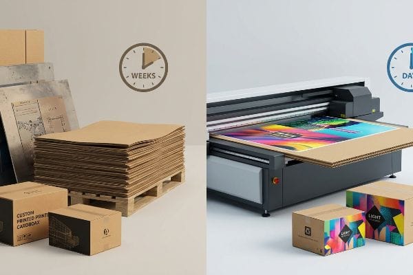 Brown cardboard sheets (weeks) vs. UV flatbed digital printing colorful custom boxes (days).