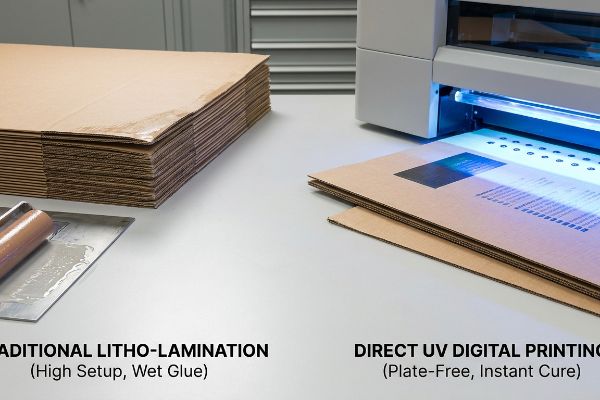 Brown corrugated sheets demonstrate traditional litho-lamination with wet glue versus direct UV digital printing's instant cure.
