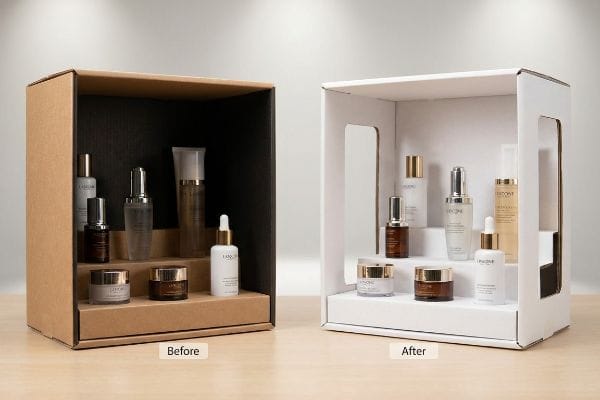 Kraft cardboard display with dark interior obscuring Lancôme products, contrasted with a white display featuring die-cut windows eliminating shadows.