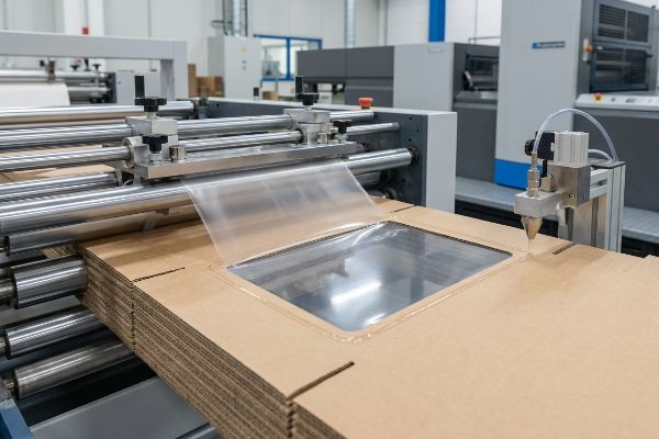 Un film PLA transparent est appliqué sur un emballage en carton ondulé à l'aide d'une machine automatisée de fenêtrage, utilisant un adhésif aqueux élastique.