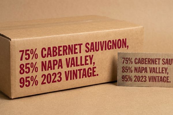 Eco-board cardboard box with bold red text: '75% Cabernet Sauvignon, 85% Napa Valley, 95% 2023 Vintage', showing wine compliance labeling.