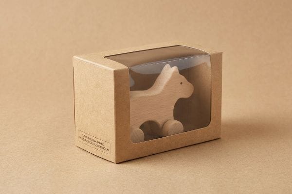 Kraft paper window box containing a wooden toy horse, marked Sustainable Packaging, Wood-Pulp Cellulose Window.