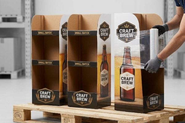 A worker in grey gloves wraps custom Craft Brew corrugated floor displays with plastic film on wooden pallets, featuring 'Small Batch' branding.