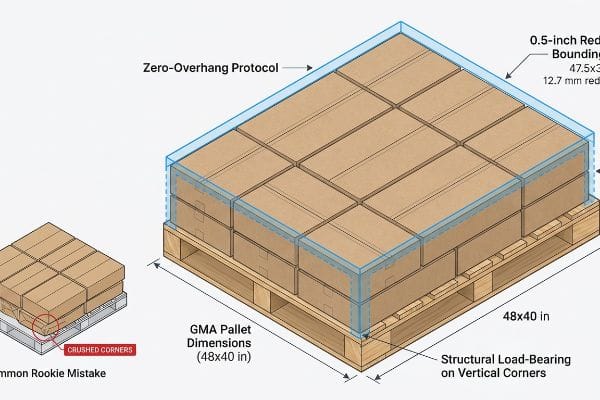Diagram of zero-overhang protocol: 0.5-inch reduced bounding box on GMA pallet ensures structural load-bearing, preventing crushed corners.