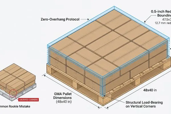 Diagrama del protocolo de voladizo cero: la caja delimitadora reducida de 0,5 pulgadas en el palé GMA garantiza la capacidad de carga estructural, evitando que las esquinas se aplasten.