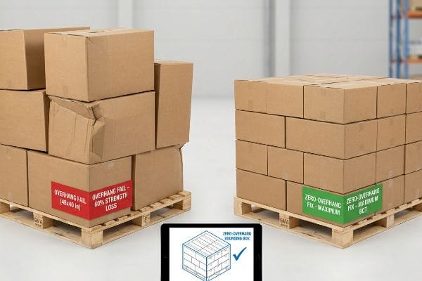 Corrugated cardboard boxes on pallets comparing Overhang Fail with 60% Strength Loss versus Zero-Overhang Fix for Maximum BCT, with a tablet showing Zero-Overhang Bounding Box.