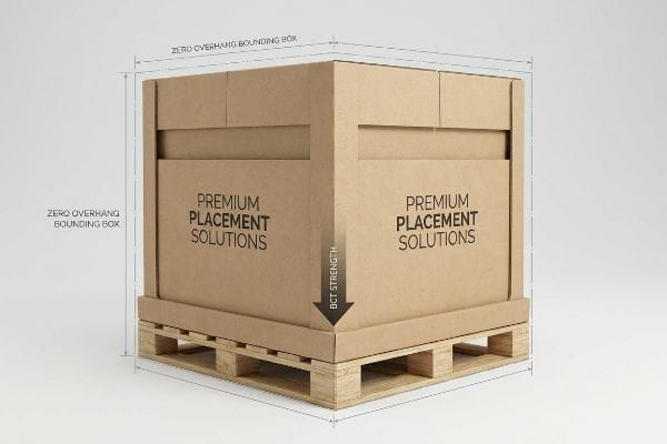 Brown cardboard box on a wooden pallet, illustrating zero overhang bounding box for BCT strength and Premium Placement Solutions.
