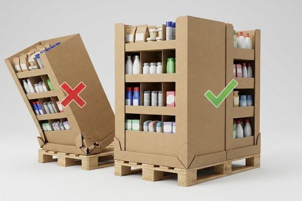 Brown corrugated retail displays on pallets, one leaning (red X) from overhang, one stable (green checkmark) with zero overhang.