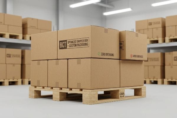 Brown corrugated boxes, labeled 