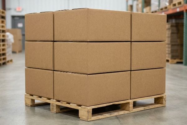 Nine brown corrugated kraft paper boxes stacked precisely on a wooden GMA pallet in a warehouse, ready for bulk shipping.