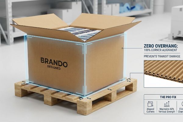 Boîte en carton ondulé de conception Brando sur une palette, montrant un débordement nul et un alignement des coins à 100% pour éviter les dommages liés au transport, tout en conservant une résistance verticale de 60%.