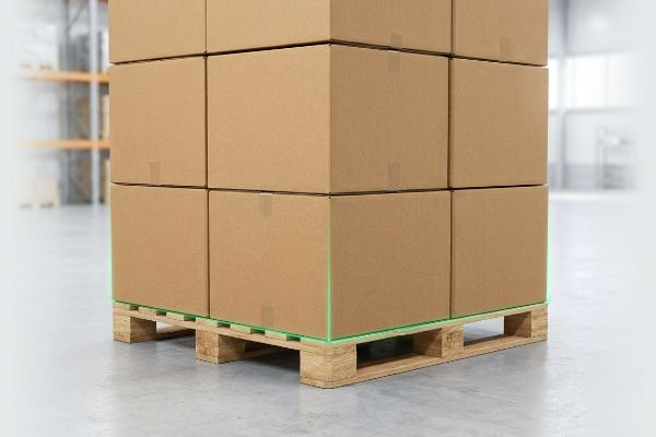 Wooden GMA pallet supporting stacked brown cardboard shipping boxes with a green line indicating zero-overhang in a warehouse.