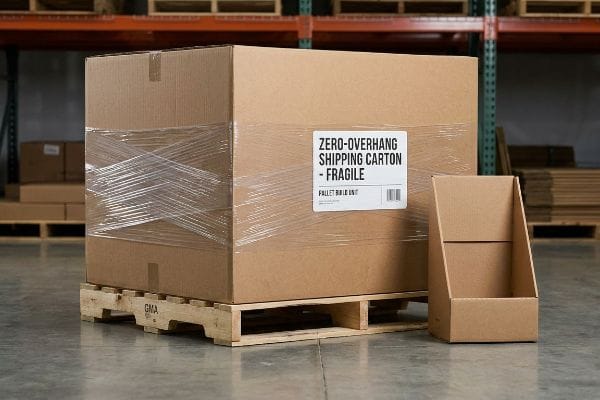 A Zero-Overhang Shipping Carton - Fragile, labeled as a Pallet Build Unit, wrapped in stretch film on a GMA wooden pallet, with an empty display box.