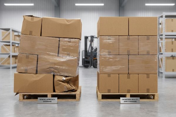 Damaged cardboard boxes on a pallet labeled 'Generic Approach Overhang' contrasted with pristine boxes on a 'Engineered Reality: Zero Overhang' pallet in a warehouse.