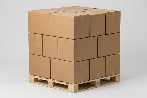 Brown corrugated master cartons, sealed with tape, stacked on a wooden pallet with zero overhang, ensuring vertical corner load alignment.