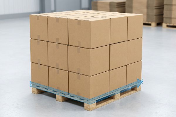 Cajas de cartón marrón apiladas sobre un palé de madera con líneas azules que ilustran la ausencia de voladizos para una óptima resistencia a la compresión y distribución de la carga.