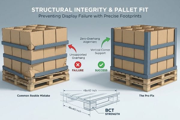 A 48x40 inch pallet display shows zero-overhang alignment (Success) for structural integrity versus unsupported overhang (Failure) impacting Box Compression Test strength.