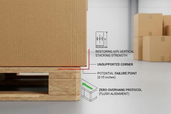 A corrugated cardboard box on a wooden pallet illustrates a 0.15-inch overhang, highlighting an Unsupported Corner and Potential Failure Point, contrasting with the Zero-Overhang Protocol for Restoring 60% Vertical Stacking Strength.