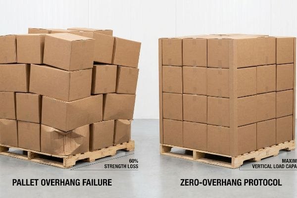 Two stacks of cardboard boxes on pallets illustrate Pallet Overhang Failure with 60% Strength Loss versus Zero-Overhang Protocol for Maximum Vertical Load Capacity.