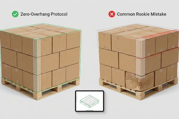 Brown corrugated boxes on pallets demonstrate the Zero-Overhang Protocol with perfect alignment versus a Common Rookie Mistake showing carton overhang and crushing, with a tablet displaying a pallet CAD.