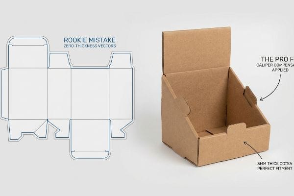 Brown corrugated display box and dieline contrasting 'Rookie Mistake' zero-thickness vectors with 'The Pro Fix' 3mm Cotha caliper compensation.