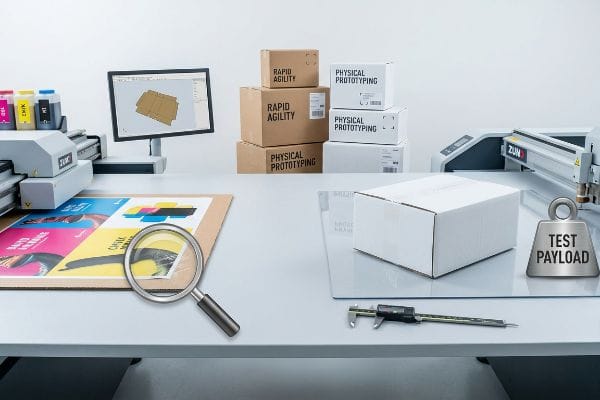 Zund digital cutting table and printer setup for 'Rapid Agility' and 'Physical Prototyping' packaging. Includes boxes, digital caliper, and 'Test Payload' icon.