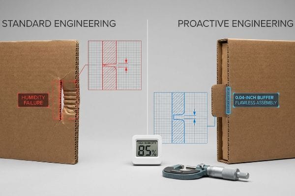 Les boîtes en carton ondulé illustrent la défaillance due à l'humidité selon la méthode « Standard Engineering » par rapport à la méthode « Proactive Engineering » avec une « marge de 0,04 pouce » pour un « assemblage impeccable » à 85 % d'humidité.