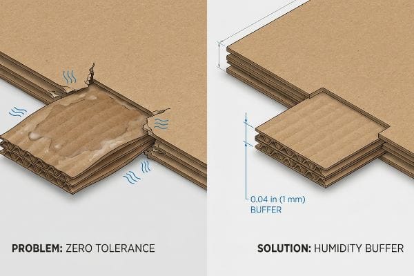 Corrugated cardboard panels illustrate the problem of zero tolerance with swollen, torn board versus the solution of a 0.04-inch (1 mm) humidity buffer.