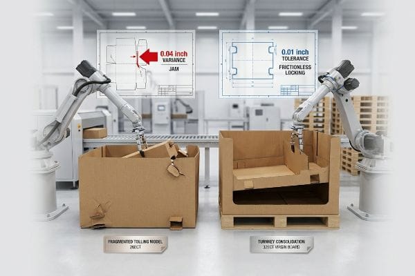 Robotic arms show 0.04 inch variance jam (26ECT fragmented tolling) vs 0.01 inch tolerance frictionless locking (32ECT turnkey).