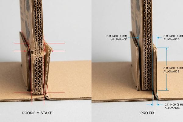 Corrugated cardboard comparison: Rookie Mistake shows crushed flutes, Pro Fix highlights precise 0.11 Inch (3 MM) bend allowance.